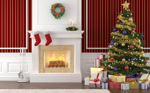 室内装饰，礼品，壁炉，圣诞树，圣诞节