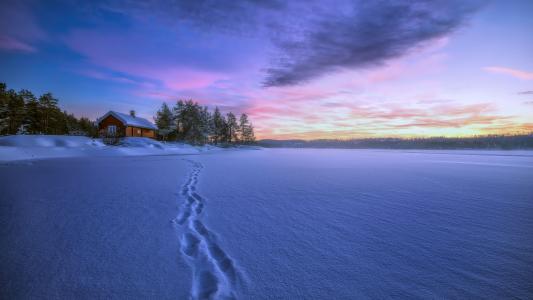 雪，晚上，小屋，痕迹，和平