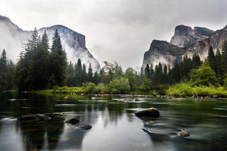 森林，山脉，河流，美国，加利福尼亚州，优胜美地国家公园，马里波萨