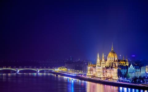 布达佩斯，城市，河，晚上，布达佩斯
