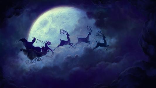 绘图，绘图，度假，新的一年，圣诞节，圣诞老人，鹿，线束，雪橇，晚上，月亮，天空