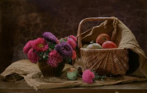 静物，篮子，鲜花，紫苑，花瓶，水果，苹果，布，麻袋，板