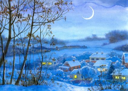 绘画，水彩，村庄，冬天，晚上，月份