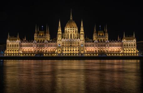 布达佩斯，匈牙利，房子，河，设计，晚上，匈牙利，议会，城市
