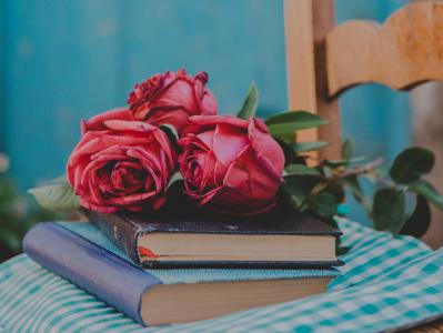 静物，椅子，书籍，鲜花，玫瑰