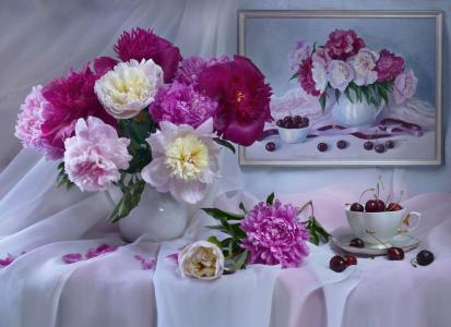 静物，花瓶，鲜花，牡丹，杯，浆果，樱桃，模式，布，窗帘