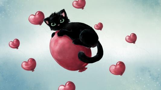 黑色的小猫，气球，心