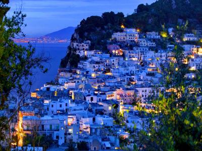 卡普里，意大利，岛，晚上，家，斜坡，灯，海