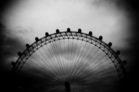 黑色和白色，伦敦眼，摩天轮，天空，摩天轮