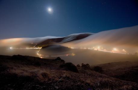 照片，晚上，小山，路，雾，天空，月亮