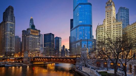 芝加哥，城市，晚上，灯，照明，河，桥，摩天大楼，天空，美女，树，梯子，时钟