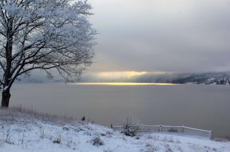 冬天，雪，湖，树，天空，太阳，美女