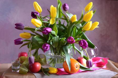 花瓶，鲜花，郁金香，水果，橙，苹果，丝带，玻璃