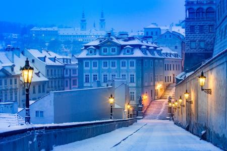 灯笼，布拉格，街道，城市，房子，冬天，雪，光