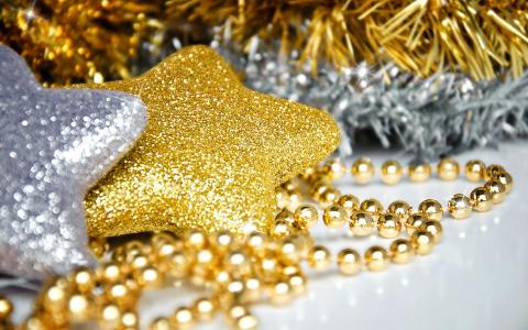 新年，假期，装饰品，圣诞树，金，银，明星，星号，宏，珠