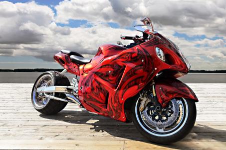摩托车，自行车，自行车，车轮，红色，调整，绘图，天空，水，板