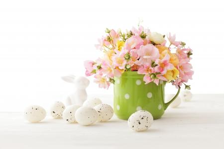 复活节，复活节，杯，鲜花，鸡蛋，雕像，兔，假期