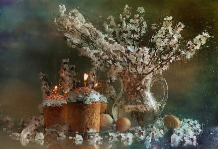 复活节，树枝，蛋糕，蜡烛，鸡蛋，通过Marina Volodko