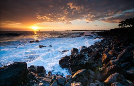海岸，夏威夷，海洋，日落，夏威夷，石头