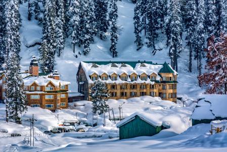 冬天，建筑物，雪，树，喜马拉雅山，克什米尔，印度