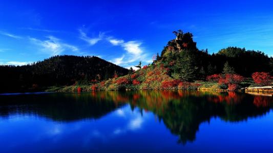 日本，天空，小山，湖，反射
