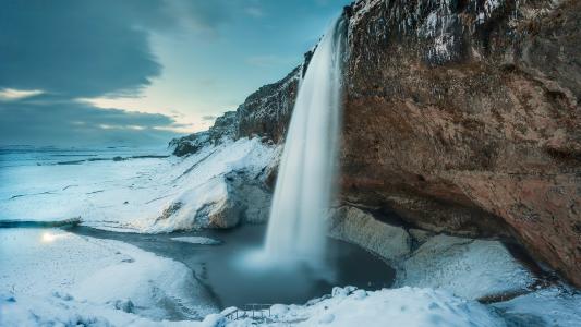 冰岛，瀑布，冬天，岩石，美丽