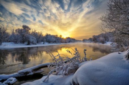 河，树，雪，霜，天空，反射，Neger（Roman）