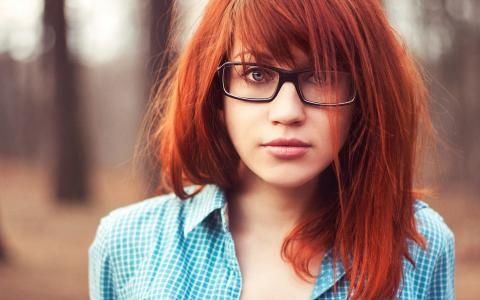 红发，女孩，眼镜，衬衫