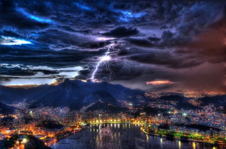 巴西，城市，里约热内卢，闪电，晚上，天空，危险，1000000000伏，400000和，山，湾，度假