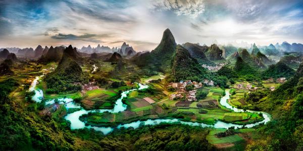 中国，景观，房屋，领域，山，河