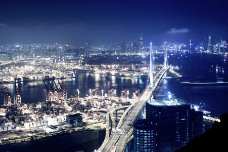 灯，晚上，建筑物，城市，桥梁，香港