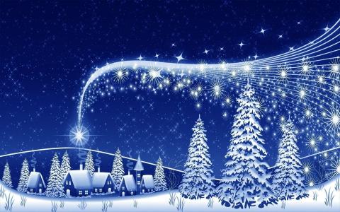 新的一年，圣诞节，枞树，假期，房子，晚上
