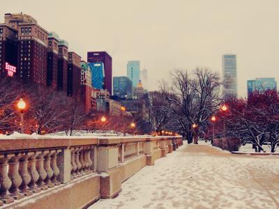 芝加哥，芝加哥，摩天大楼，街道，人行道，晚上，灯，雪，冬天