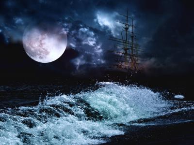 晚上，海，风暴，帆船