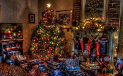 圣诞室，装饰，圣诞树，花环，礼品，新年袜子