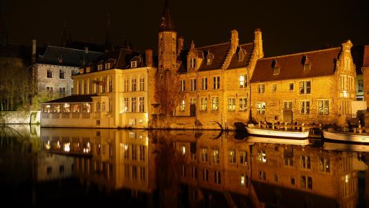 比利时，布鲁日，河，晚上，灯，建筑物，美女