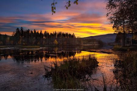 秋天，日落，照片，Jorn Allan Pedersen，森林，河流，反射