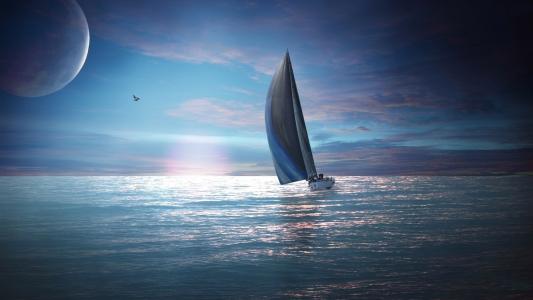 海洋，游艇，天空，日落，风，晚上，日落，月亮，美女，风帆