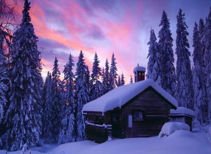 冬天，房子，森林，美丽
