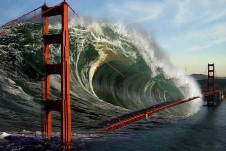 photoshop，桥，旧金山，波浪，巨人，海啸，天空