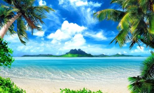 棕榈，海，海洋，水，沙，海滩，绿色，山，天空，太阳，假期，levrent