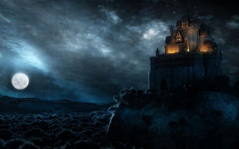 城堡，月亮，艺术，工作，黑暗的背景，美丽