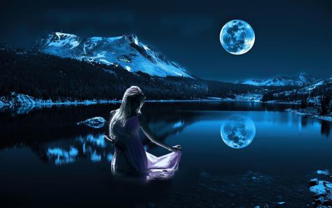 3d，主题，photoshop，黑暗的背景，池塘，山，月亮，美丽，金发，姿势，创意