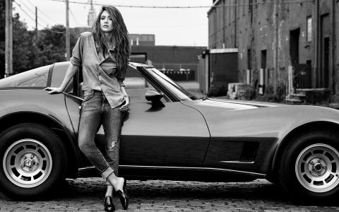 杰西卡阿尔巴，演员，构成，看，汽车，黑色和白色背景