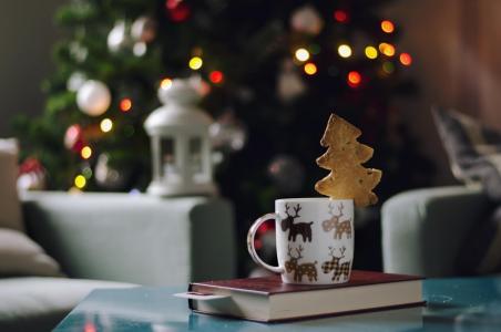 新年，圣诞节，圣诞树，饼干，咖啡，杯子，杯子，书