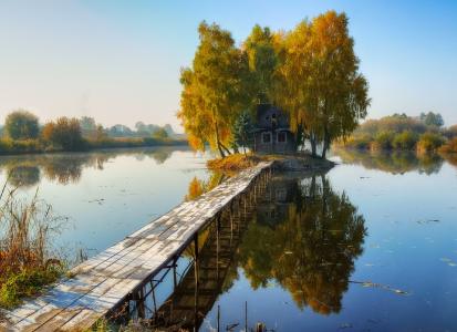 秋天的小岛，桥，房子，水，反射，Nesterchuk谢尔盖