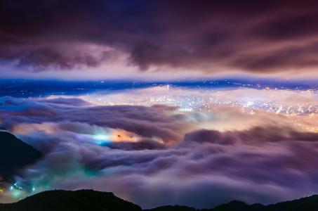 城市，晚上，台北，山，云，雾