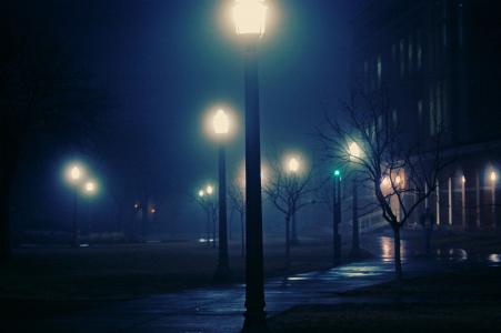 夜，灯，城市，夜，雾，雾