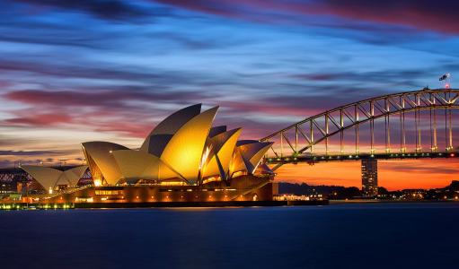 晚上，悉尼，桥，歌剧院，澳大利亚，灯