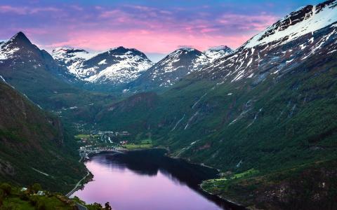 挪威，挪威，峡湾，山，峡谷，海湾，雪，村庄